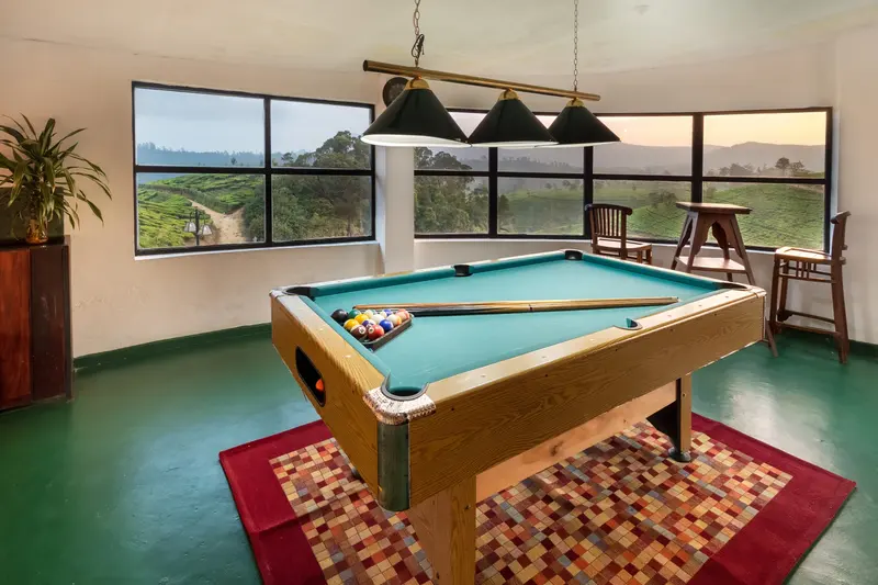 The games room: a pool table under three green lamps, tea fields through the windows